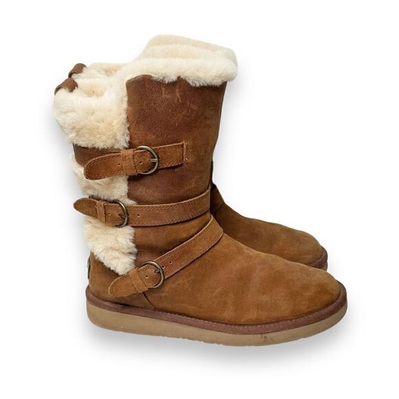 Ugg Women's Brown Suede Becket Mid Calf Pull On Winter Shearling Buckle Boots 7 - Picture 1 of 9